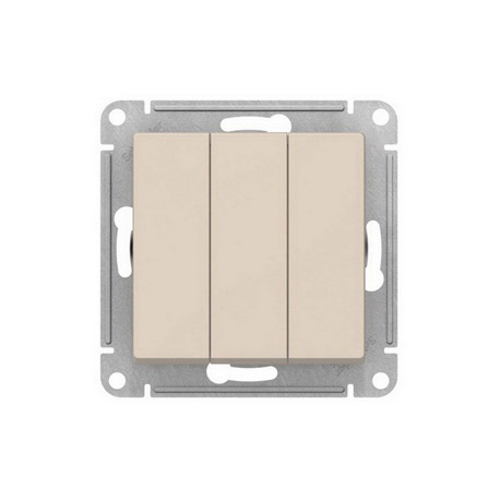 Блок: розетка с заземлением со шторками + выключатель трехклавишный белый
