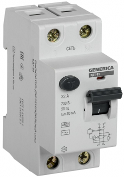 Выключатель дифференциального тока (УЗО) ВД1-63 2Р 32А 30мА GENERICA
