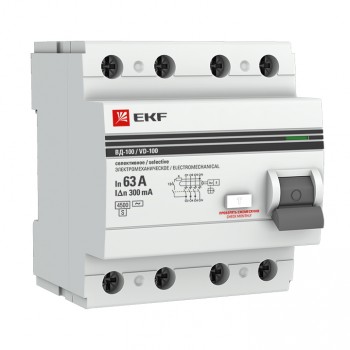 Выключатель дифференциального тока УЗО ВД-100 селективное 4P 63А/300мА электромеханическое PROxima